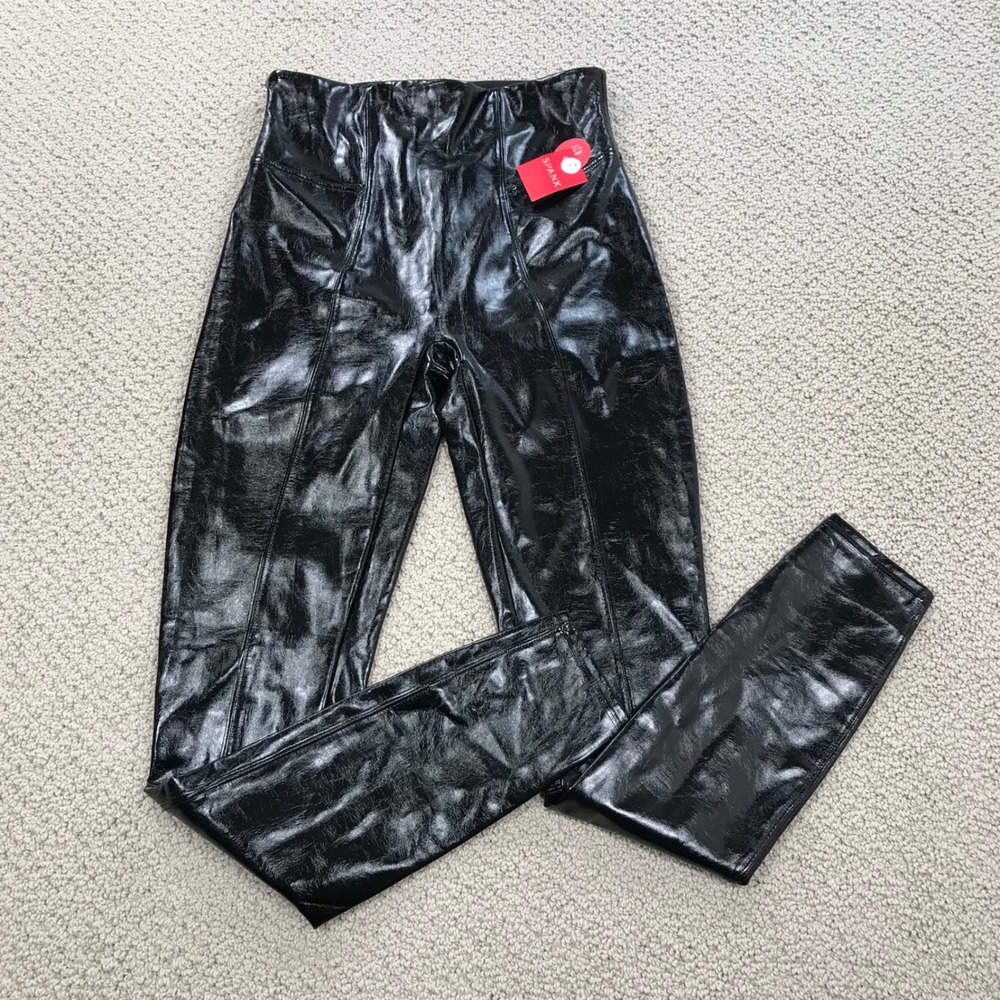 Spanx Faux Patent Leather Leggings Black High Waisted Tall Size Medium NWT